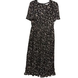 BALTIC BORN Floral Midi Dress Black Pink White Short Sleeve Pleated Size Medium